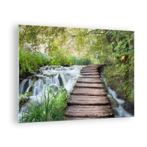 Cuadro sobre vidrio - Impresiones sobre Vidrio - Un puente en el bosque sobre un arroyo. - 70x50cm - No es agua silenciosa en absoluto - Decoración de pared moderna para salón y dormitorio ARTTOR