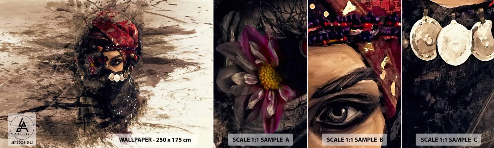 Muestra de fotomural autoadhesivo Deluxe Sticker - Inquietante, como mínimo - Abstracción, cara de mujer, Símbolos orientales - 100x30 cm