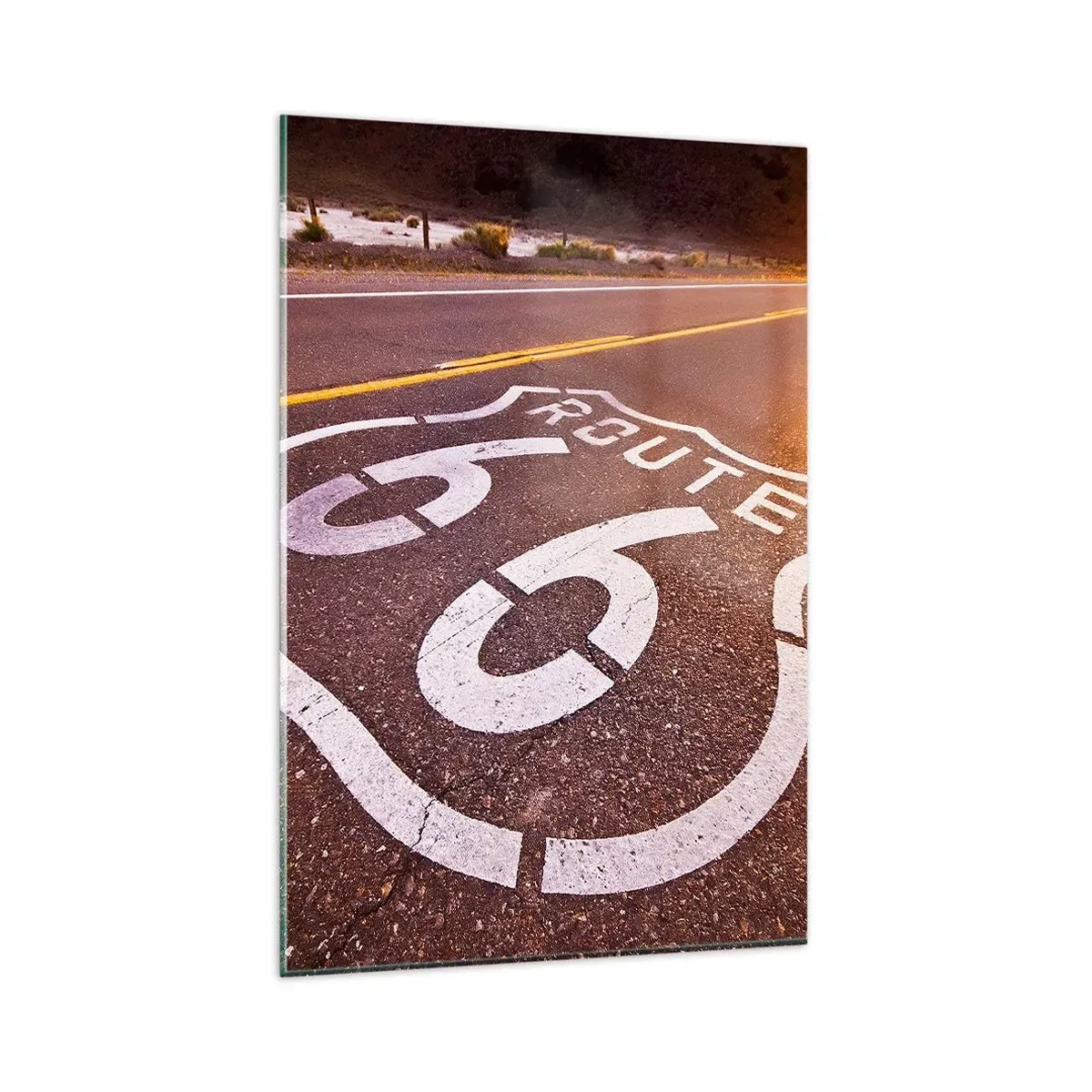 Cuadro sobre vidrio - Impresiones sobre Vidrio - Ruta 66 al atardecer - 80x120cm - La famosa Ruta 66 - Decoración de pared moderna para salón y dormitorio ARTTOR