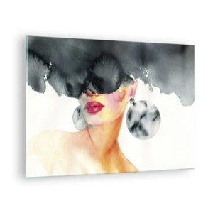 Cuadro sobre vidrio - Impresiones sobre Vidrio - Retrato de una mujer con grandes pendientes y una mancha negra sobre la cabeza. - 70x50cm - El secreto de la elegancia - Decoración de pared moderna para salón y dormitorio ARTTOR