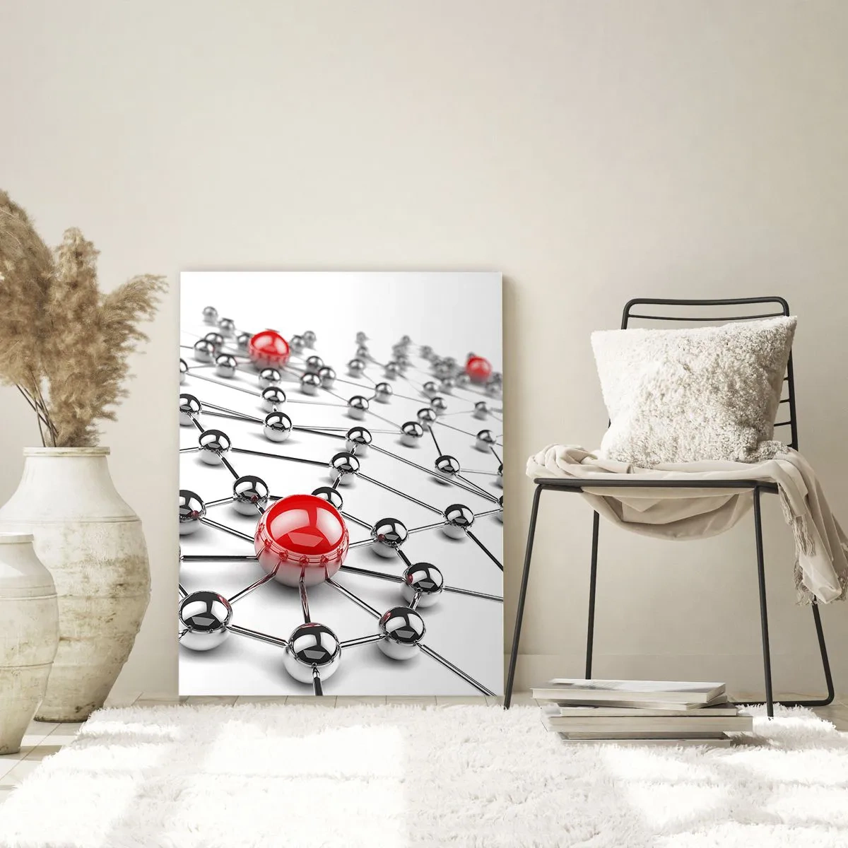 Cuadro sobre vidrio - Impresiones sobre Vidrio - Una red de bolas metálicas con acentos rojos. - 70x100cm - Una red plateada - Decoración de pared moderna para salón y dormitorio ARTTOR