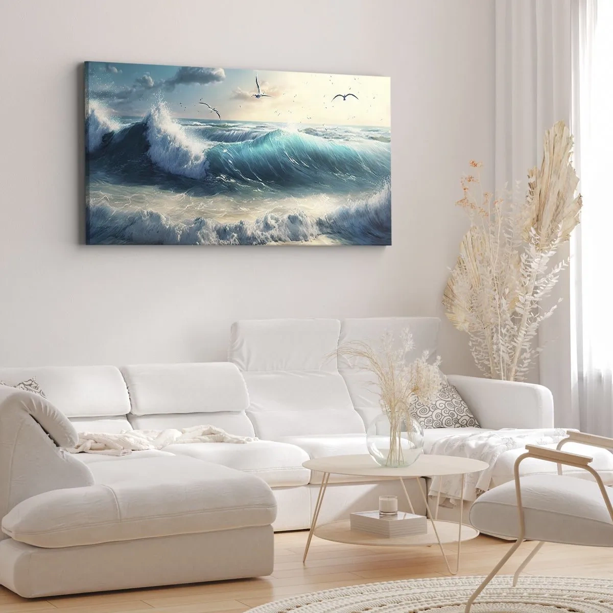 Cuadro sobre lienzo - Impresión de Imagen - Olas del mar en la playa bajo un cielo azul con gaviotas - 160x50cm - La brisa solo para ti - Decoración de pared moderna para salón y dormitorio ARTTOR