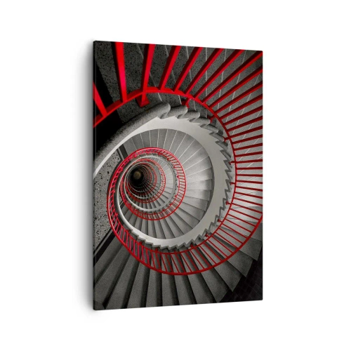 Cuadro sobre lienzo - Impresión de Imagen - Escalera de caracol con pasamanos rojos en perspectiva dinámica. - 50x70cm - Juegos arquitectónicos - Decoración de pared moderna para salón y dormitorio ARTTOR