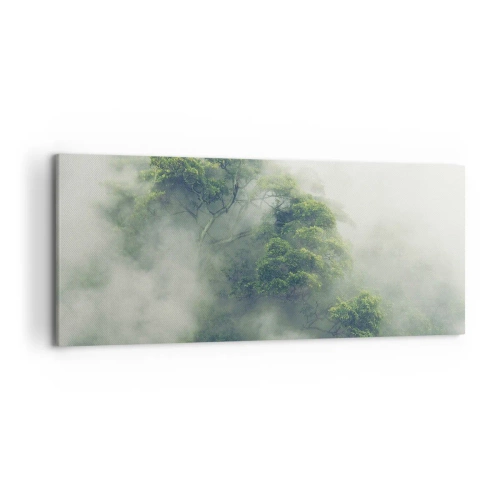 Cuadro sobre lienzo - Impresión de Imagen - Árboles verdes en una espesa niebla contra un fondo natural - 120x50cm - Envuelto en niebla - Decoración de pared moderna para salón y dormitorio ARTTOR