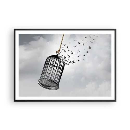 Póster en marco negro - Pájaros volando desde una jaula contra el cielo. - 100x70cm - Fe... Esperanza... ¡Libertad! - Decoración de pared moderna para salón y dormitorio ARTTOR