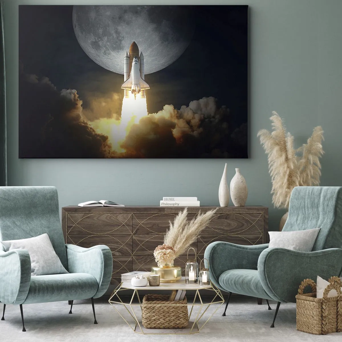 Cuadro sobre lienzo - Impresión de Imagen - Un cohete despegando con el telón de fondo de una luna llena rodeada de nubes dinámicas. - 70x50cm - El comienzo de una aventura sobrenatural - Decoración de pared moderna para salón y dormitorio ARTTOR