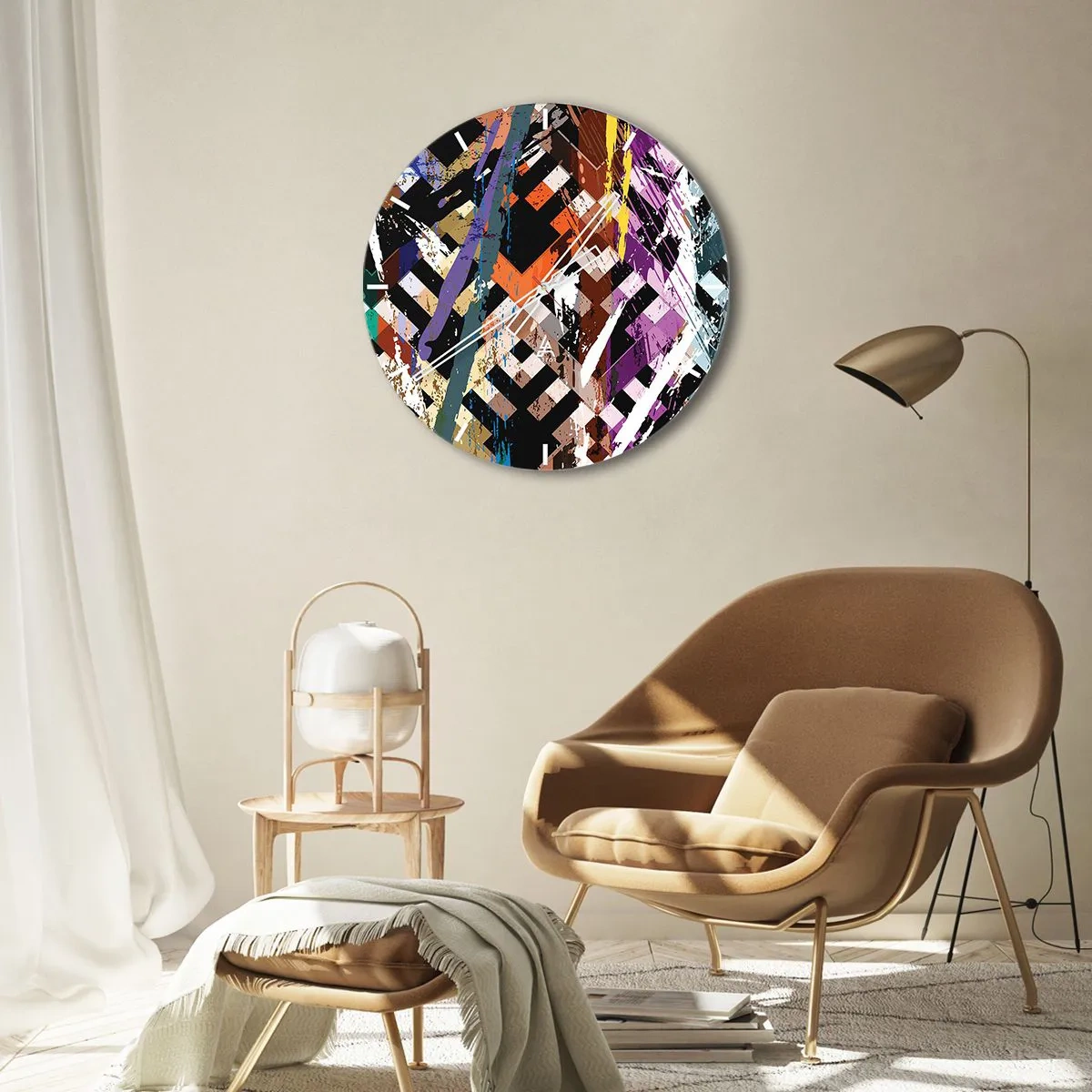 Reloj de pared - Reloj de vidrio - Patrones geométricos en colores intensos con efecto abstracto. - 30x30cm - Elevado al cuadrado - Decoración de pared moderna para salón, cocina y dormitorio ARTTOR