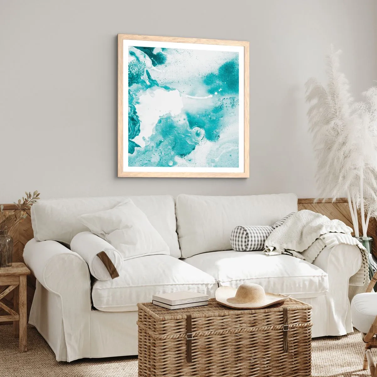 Póster en marco roble claro - Remansos de azul - 60x60 cm