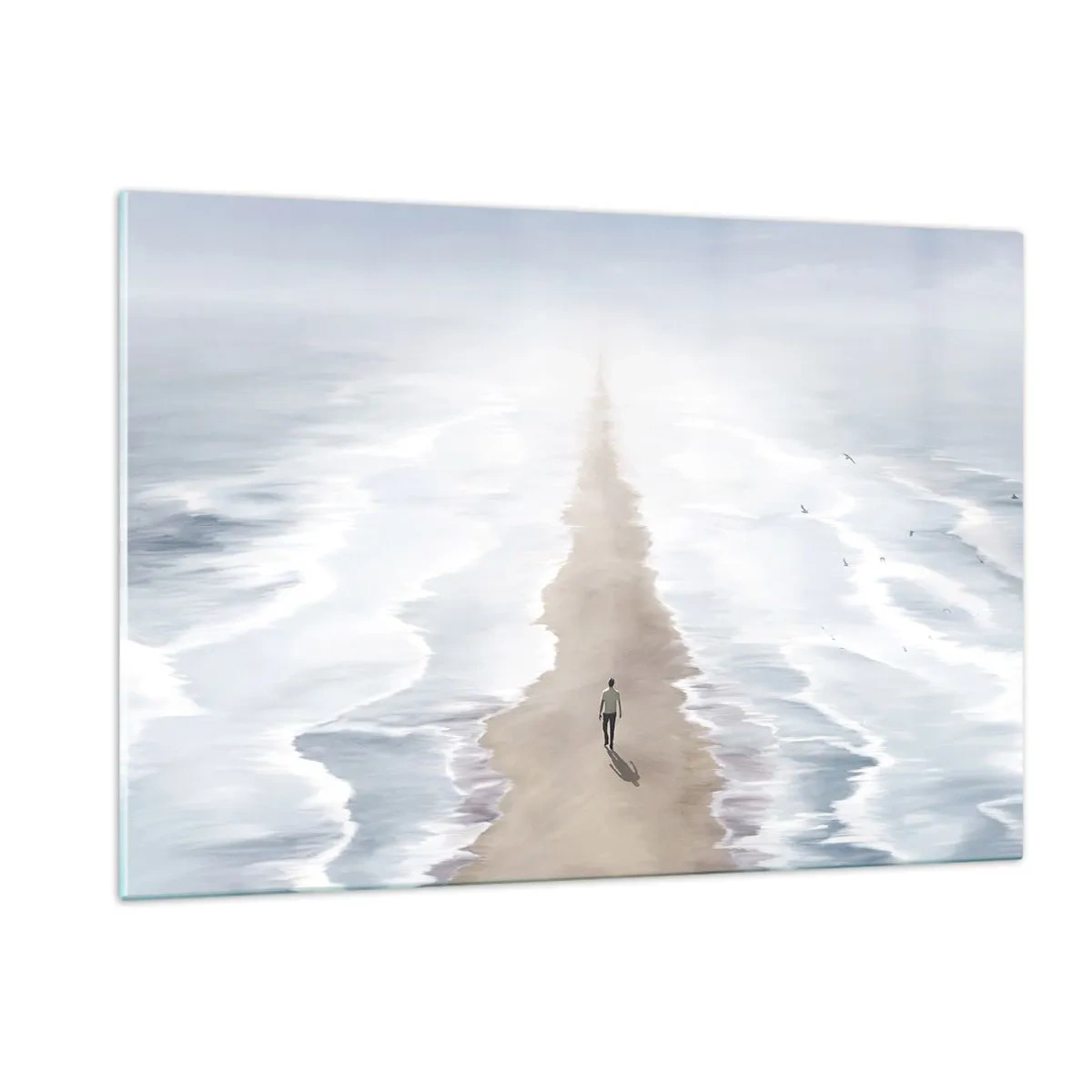 Cuadro sobre vidrio - Impresiones sobre Vidrio - Una figura caminando sola hacia el horizonte entre las olas. - 120x80cm - Un futuro brillante - Decoración de pared moderna para salón y dormitorio ARTTOR