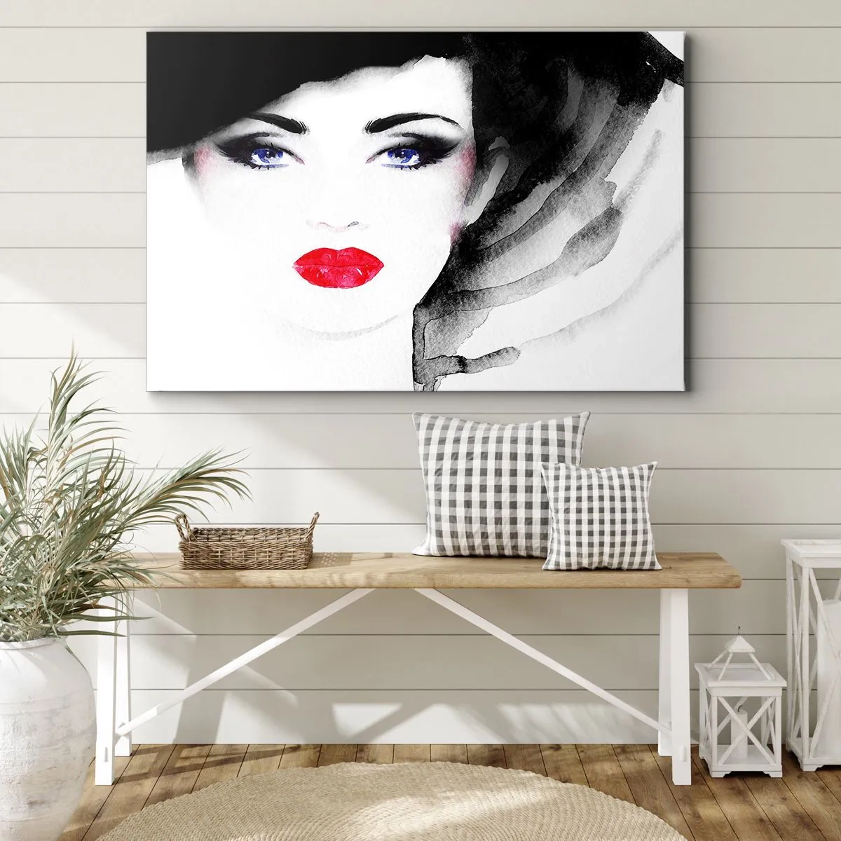 Cuadro sobre lienzo - Impresión de Imagen - Retrato de una mujer con labios rojos y ojos azules intensos. - 70x50cm - Lenguaje no verbal - Decoración de pared moderna para salón y dormitorio ARTTOR