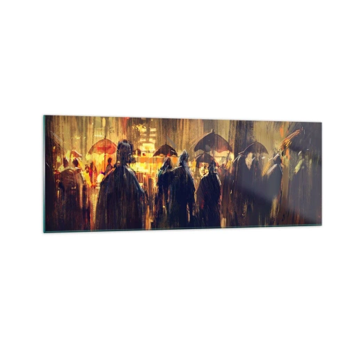 Cuadro sobre vidrio - Impresiones sobre Vidrio - Figuras con paraguas en una ciudad lluviosa por la noche - 140x50cm - Seguidores de la lluvia - Decoración de pared moderna para salón y dormitorio ARTTOR
