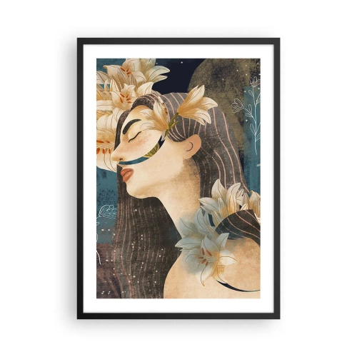 Póster en marco negro - Perfil de una mujer rodeada de lirios sobre un fondo azul marino - 50x70cm - Cuento de princesa con lirios - Decoración de pared moderna para salón y dormitorio ARTTOR
