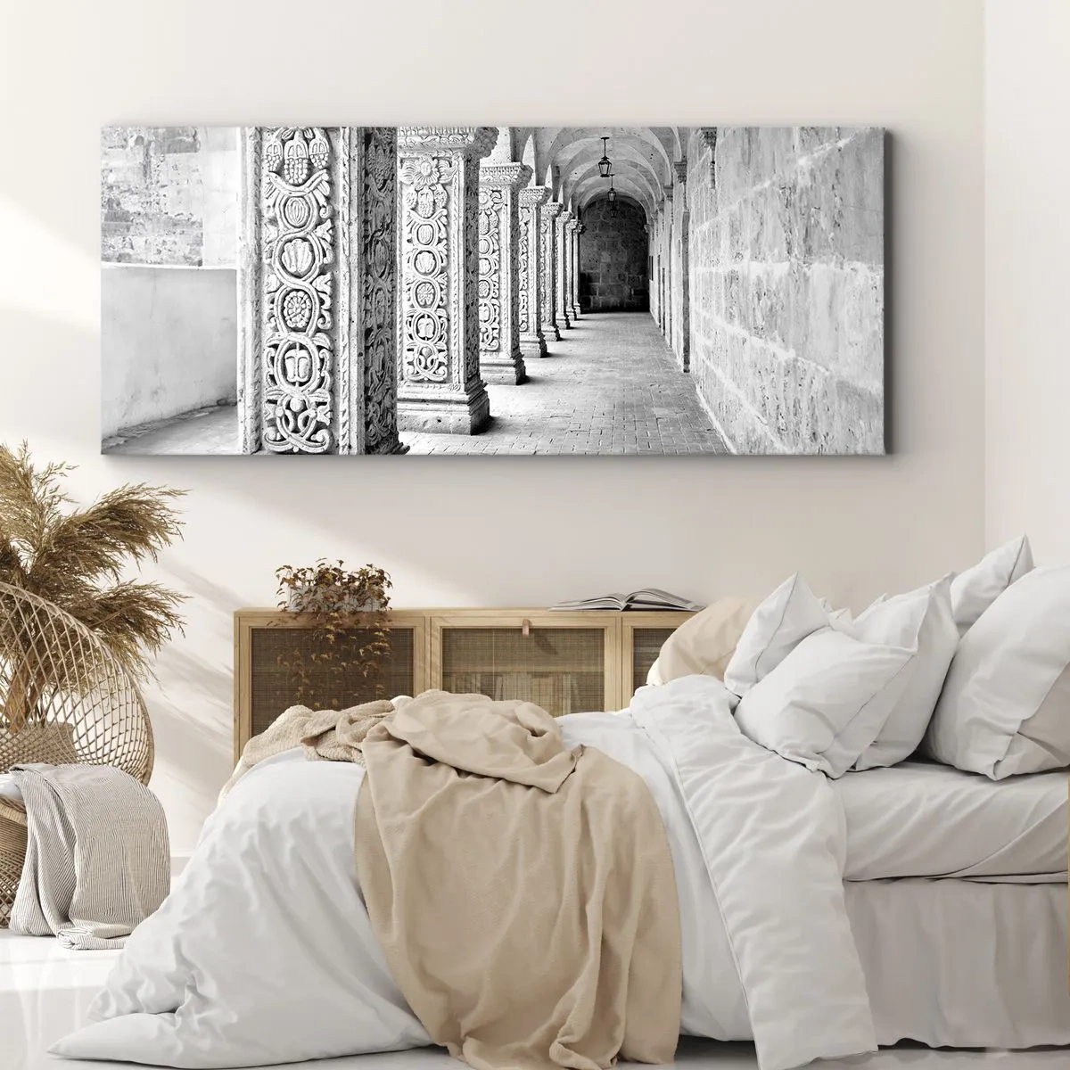 Cuadro sobre lienzo - Impresión de Imagen - Columnas históricas en una toma monocromática - 120x50cm - ¿Y adónde nos llevará...? - Decoración de pared moderna para salón y dormitorio ARTTOR