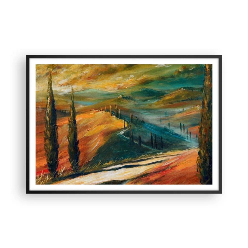 Póster en marco negro - Paisaje toscano con campos, camino y cipreses. - 100x70cm - Paisaje toscano - Decoración de pared moderna para salón y dormitorio ARTTOR