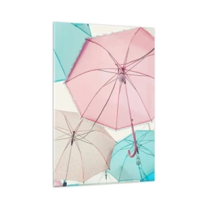 Cuadro sobre vidrio - Impresiones sobre Vidrio - Paraguas pastel contra un cielo brillante - 80x120cm - A veces el sol, a veces la lluvia - Decoración de pared moderna para salón y dormitorio ARTTOR