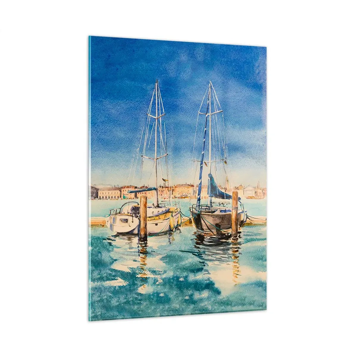 Cuadro sobre vidrio - Impresiones sobre Vidrio - Marina de acuarela con faro y yates amarrados - 50x70cm - Laguna soleada - Decoración de pared moderna para salón y dormitorio ARTTOR