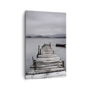 Cuadro sobre lienzo - Impresión de Imagen - Un puente de madera que conduce a la tranquila superficie del lago. - 80x120cm - Mañana partimos - Decoración de pared moderna para salón y dormitorio ARTTOR