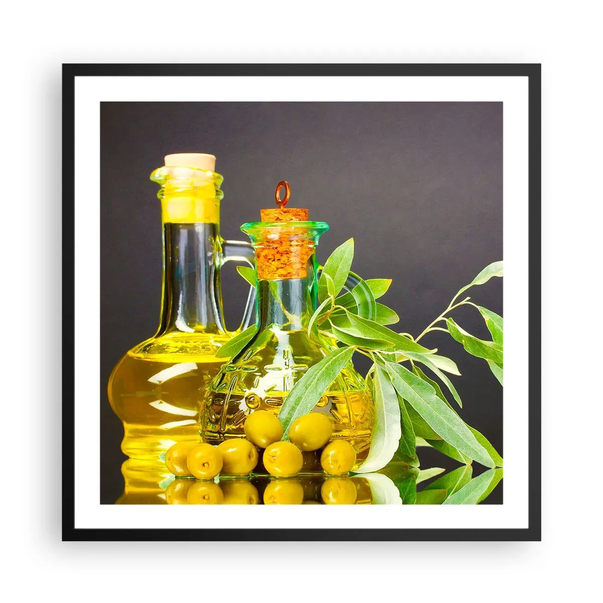 Póster en marco negro - Bodegón con aceitunas y aceite - 60x60 cm