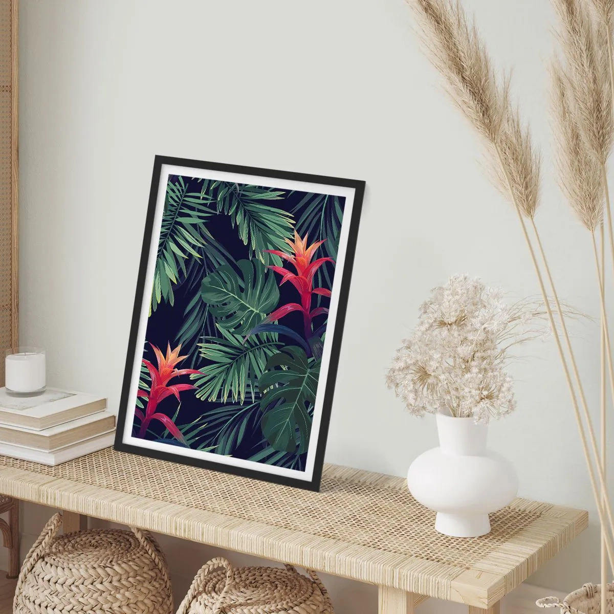 Póster en marco negro - Hojas y flores tropicales sobre un fondo oscuro. - 50x70cm - Encender el color verde - Decoración de pared moderna para salón y dormitorio ARTTOR