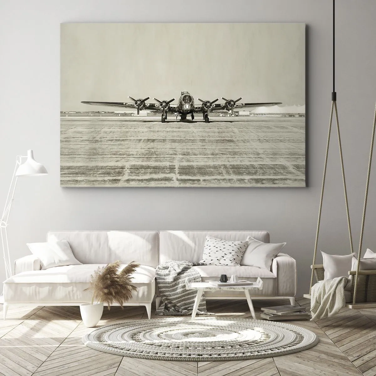 Cuadro sobre lienzo - Impresión de Imagen - Avión histórico en el aeropuerto en sepia - 100x70cm - Como siempre, preparado - Decoración de pared moderna para salón y dormitorio ARTTOR