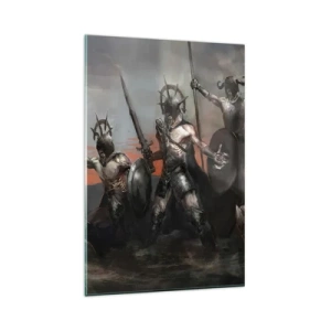 Cuadro sobre vidrio - Impresiones sobre Vidrio - Un grupo de guerreros con armadura y lanzas con el atardecer como telón de fondo. - 80x120cm - Escudo con escudo - Decoración de pared moderna para salón y dormitorio ARTTOR