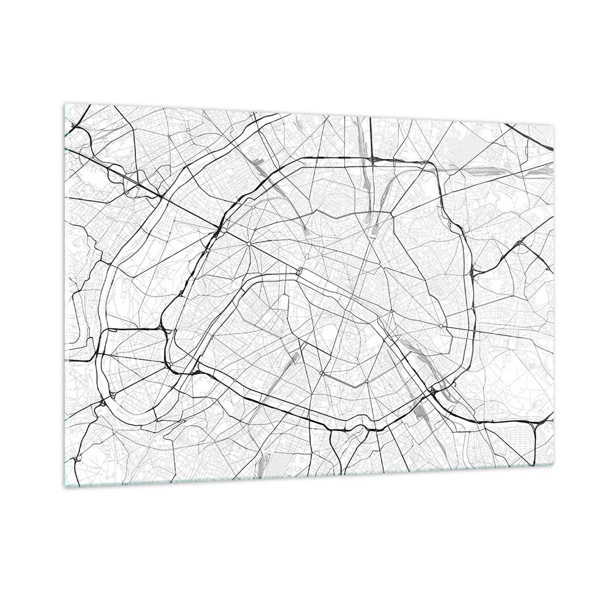 Cuadro sobre vidrio - Impresiones sobre Vidrio - Mapa de la ciudad en blanco y negro con cuadrícula de calles y arterias circulares - 120x80cm - Flor de París - Decoración de pared moderna para salón y dormitorio ARTTOR