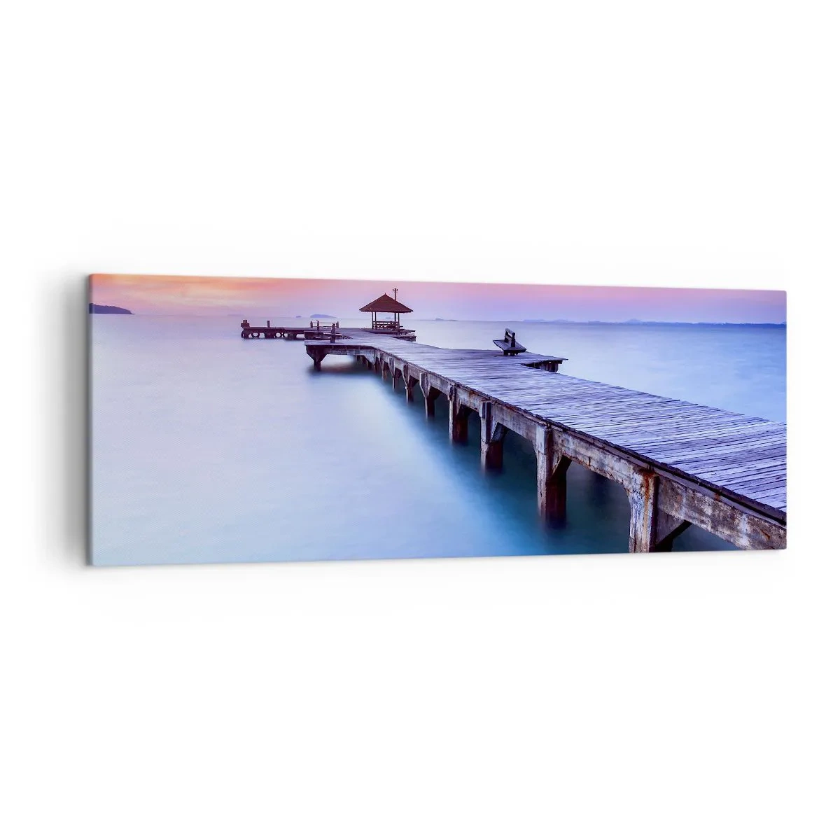 Cuadro sobre lienzo - Impresión de Imagen - Muelle de madera que conduce al agua durante la puesta de sol. - 140x50cm - Un mar de calma hasta el horizonte - Decoración de pared moderna para salón y dormitorio ARTTOR
