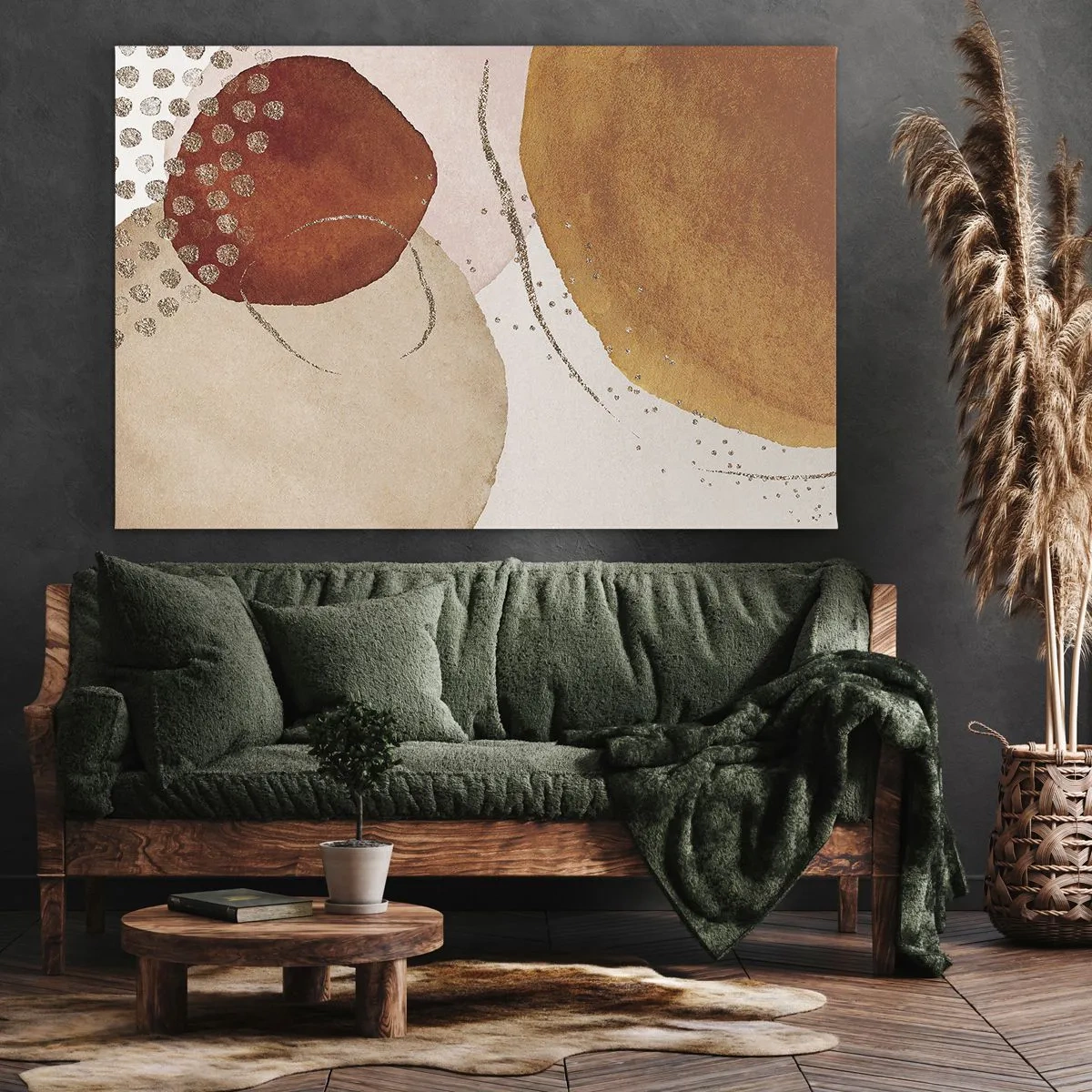 Cuadro sobre lienzo - Impresión de Imagen - Formas abstractas en tonos cálidos de marrón y dorado. - 70x50cm - Movimiento abstracto - Decoración de pared moderna para salón y dormitorio ARTTOR
