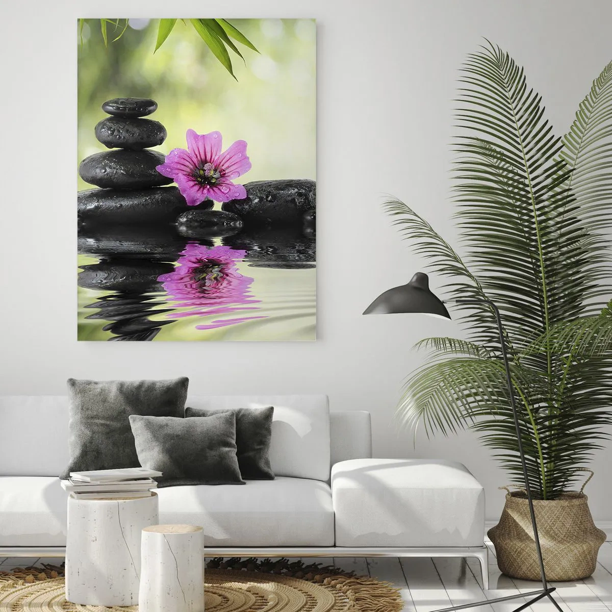 Cuadro sobre vidrio - Impresiones sobre Vidrio - Piedras negras y una flor rosa sobre un fondo de naturaleza. - 50x70cm - Tiempo para el alma - Decoración de pared moderna para salón y dormitorio ARTTOR