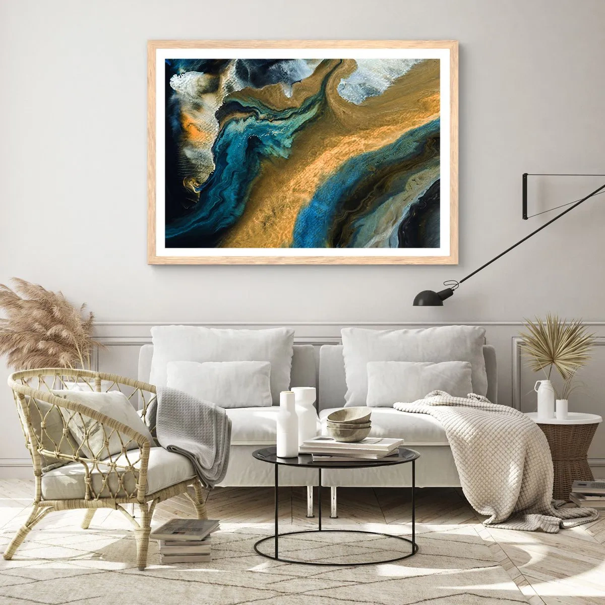 Póster en marco roble claro - Azul - amarillo - influencia mutua - 50x40 cm