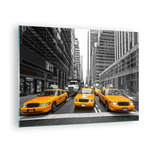 Cuadro sobre vidrio - Impresiones sobre Vidrio - Taxis amarillos en las calles de Nueva York - 70x50cm - Nosotros somos los que damos color a la ciudad - Decoración de pared moderna para salón y dormitorio ARTTOR