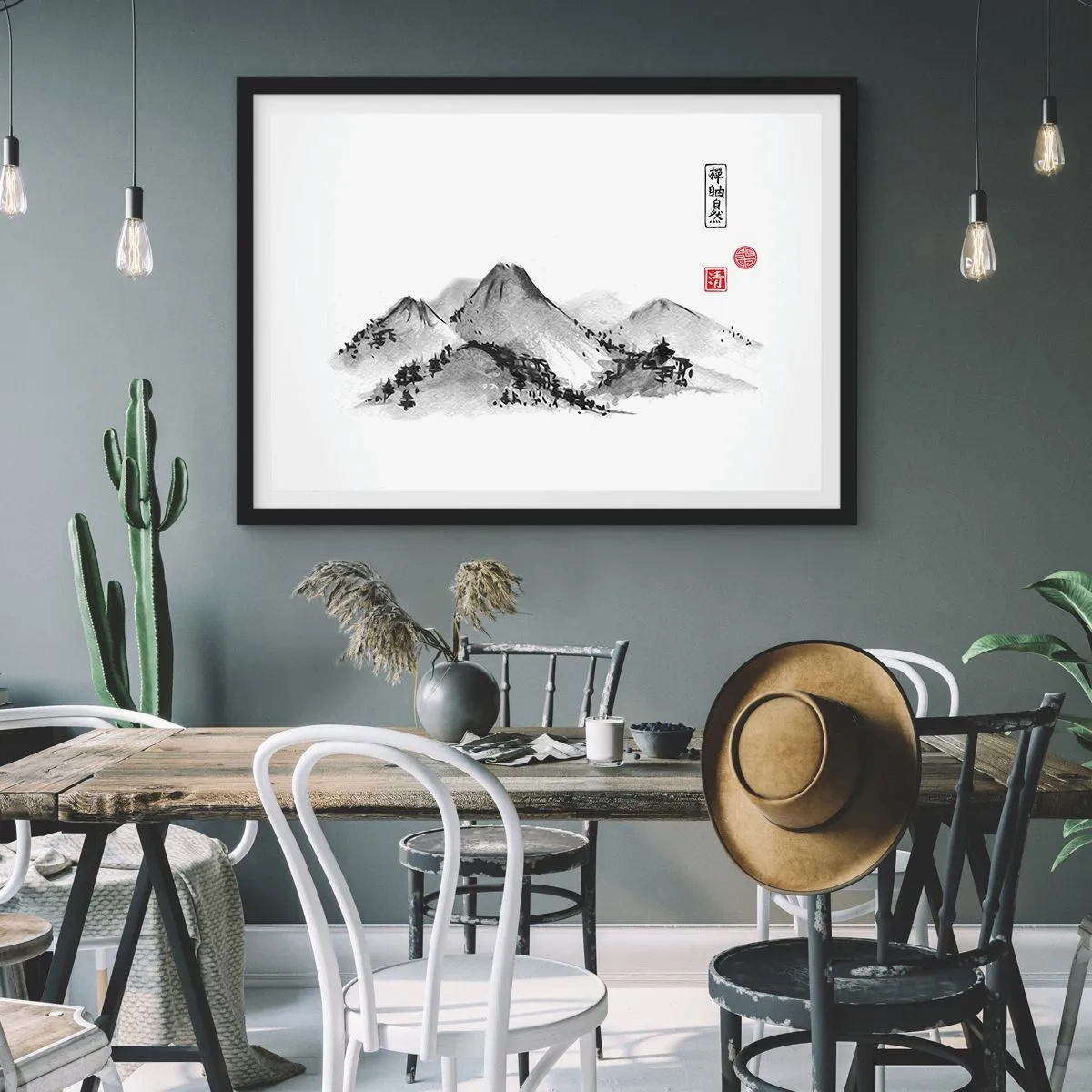 Póster en marco negro - Paisaje de montaña tradicional al estilo de la pintura de tinta japonesa. - 100x70cm - Más allá de lo lejano - Decoración de pared moderna para salón y dormitorio ARTTOR