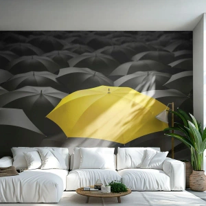 Fotomural Premium Sand - Un paraguas amarillo que destaca sobre el fondo negro. - 100x70cm - Adiós a la tristeza - Decoración de pared moderna para salón y dormitorio ARTTOR