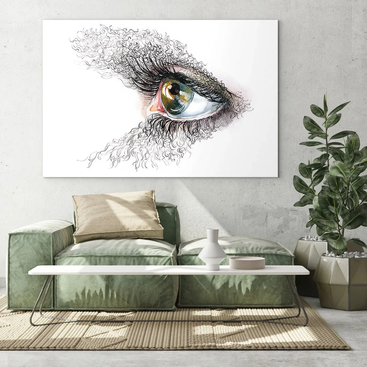 Cuadro sobre vidrio - Impresiones sobre Vidrio - Un ojo dorado rodeado de líneas dinámicas y detalles abstractos. - 120x80cm - Mira directamente a tu alma - Decoración de pared moderna para salón y dormitorio ARTTOR