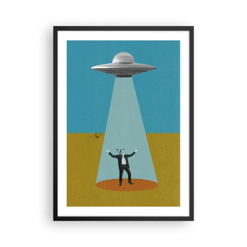 Póster en marco negro - Ilustración retro de una abducción ovni - 50x70cm - Un encuentro cercano - Decoración de pared moderna para salón y dormitorio ARTTOR