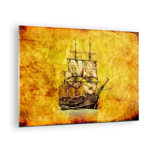 Cuadro sobre vidrio - Impresiones sobre Vidrio - Un velero histórico sobre el fondo de un pergamino estilizado. - 70x50cm - ¡Rumbo a la isla Tortuga! - Decoración de pared moderna para salón y dormitorio ARTTOR