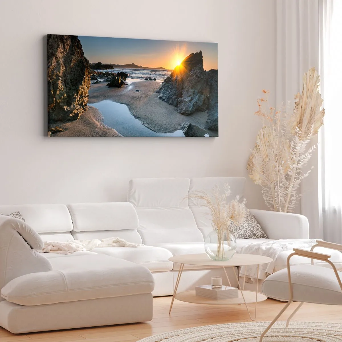 Cuadro sobre lienzo - Impresión de Imagen - Atardecer pintoresco en una playa rocosa - 140x50cm - Sin tocar por la mano del hombre - Decoración de pared moderna para salón y dormitorio ARTTOR