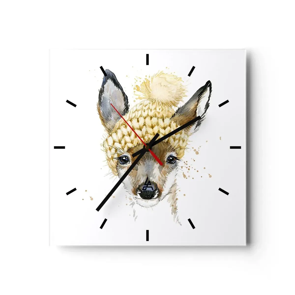 Reloj de pared - Reloj de vidrio - Ciervo de acuarela con gorra amarilla - 30x30cm - Para el invierno en un bosque nevado - Decoración de pared moderna para salón y dormitorio ARTTOR