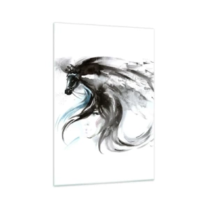 Cuadro sobre vidrio - Impresiones sobre Vidrio - Una mujer y un caballo en una acuarela mística llena de dinámica. - 70x100cm - El galope del Príncipe Negro - Decoración de pared moderna para salón y dormitorio ARTTOR