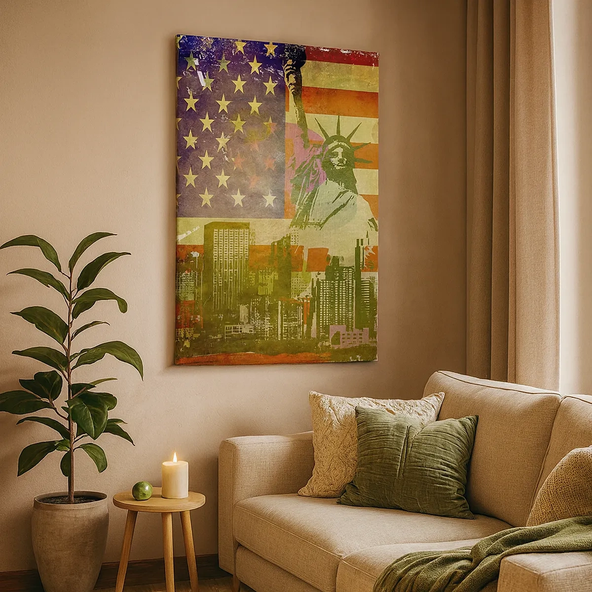 Cuadro sobre lienzo - Impresión de Imagen - La Estatua de la Libertad con la bandera estadounidense como telón de fondo y el horizonte de la ciudad. - 50x70cm - ¡Viva América! - Decoración de pared moderna para salón y dormitorio ARTTOR