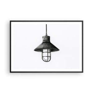 Póster en marco negro - Dibujo de una lámpara colgante retro sobre fondo blanco. - 100x70cm - Como hace años... - Decoración de pared moderna para salón y dormitorio ARTTOR