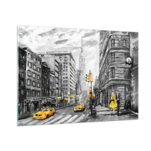 Cuadro sobre vidrio - Impresiones sobre Vidrio - Una ilustración de la ciudad de Nueva York en tonos blanco y negro con acentos amarillos. - 100x70cm - Una de las muchas historias de la gran manzana - Decoración de pared moderna para salón y dormitorio AR
