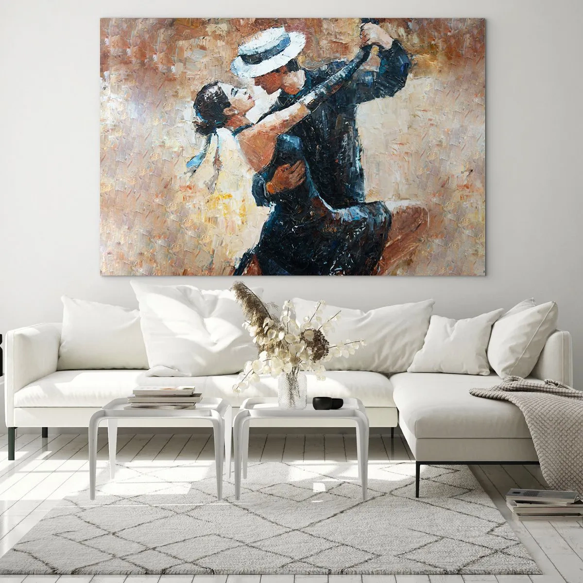 Cuadro sobre vidrio - Impresiones sobre Vidrio - Una pareja bailando con un estilo elegante y un toque clásico. - 70x50cm - Estilo Rudolf Valentino - Decoración de pared moderna para salón y dormitorio ARTTOR