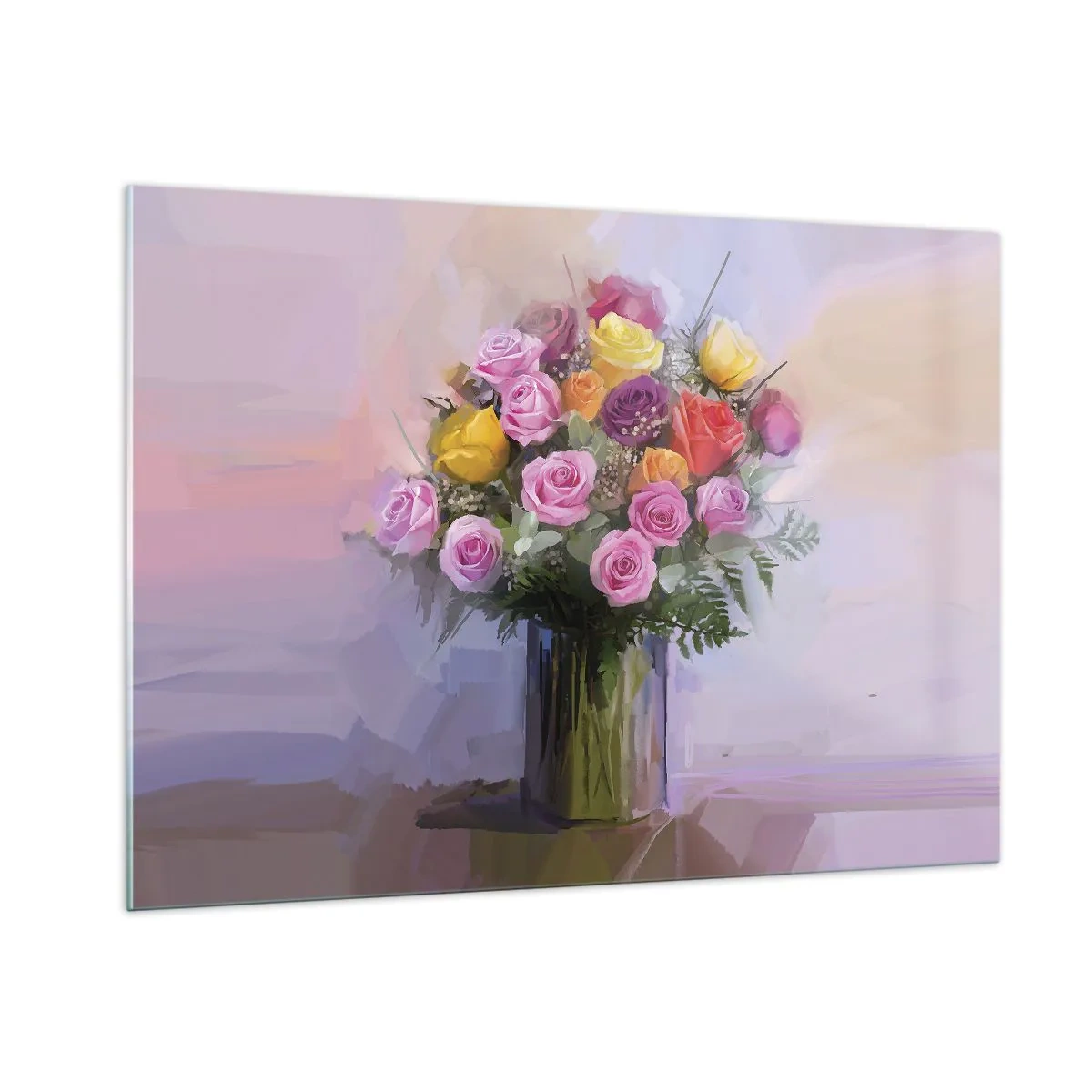 Cuadro sobre vidrio - Impresiones sobre Vidrio - Un ramo de rosas en un jarrón de cristal sobre un fondo pastel. - 100x70cm - Belleza inmortalizada - Decoración de pared moderna para salón y dormitorio ARTTOR