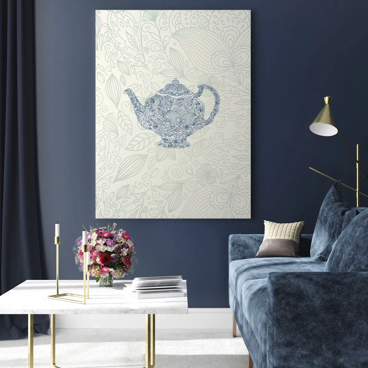Cuadro sobre vidrio - Impresiones sobre Vidrio - Dibujo decorativo de una tetera con adornos azules. - 70x100cm - El encanto del té - Decoración de pared moderna para salón y dormitorio ARTTOR