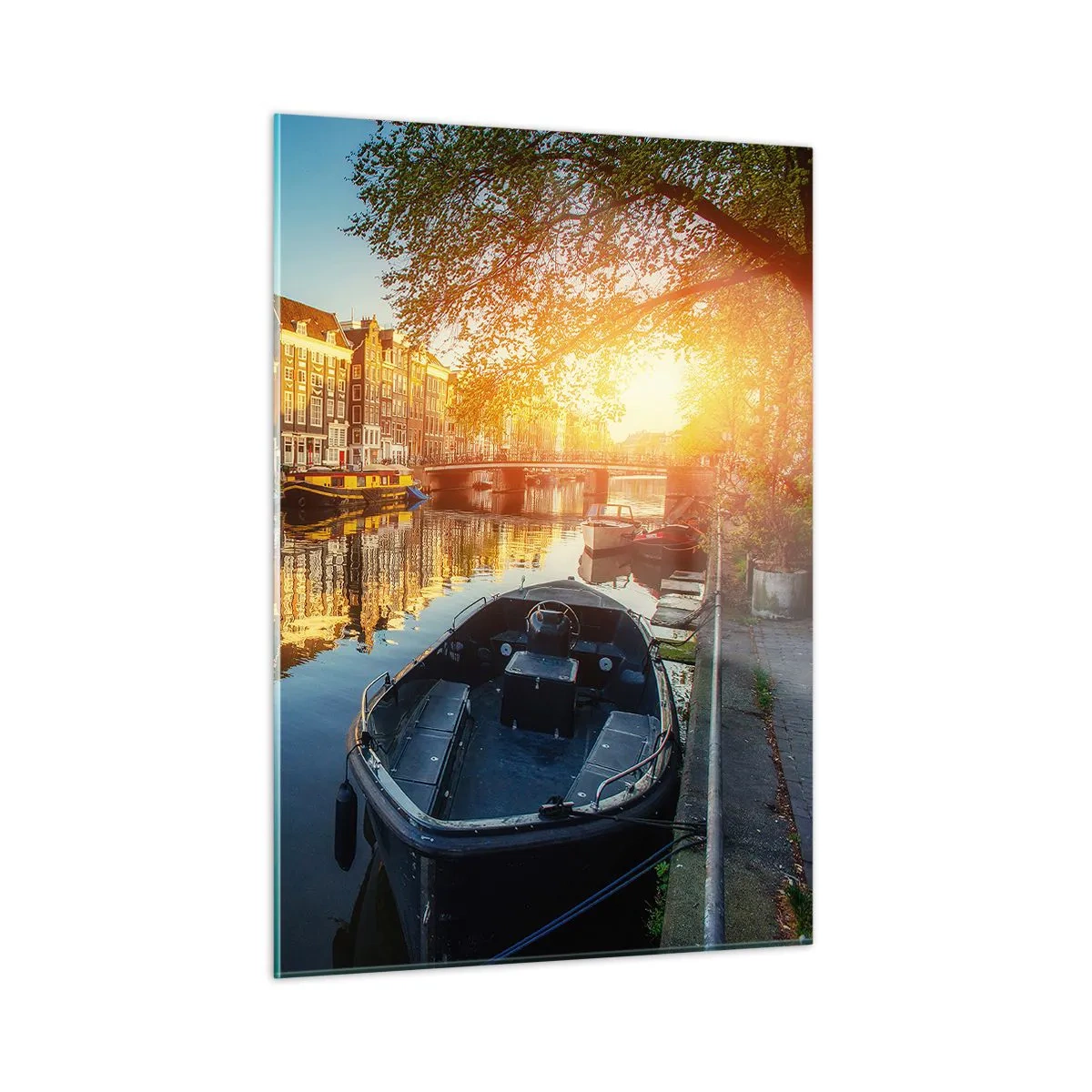 Cuadro sobre vidrio - Impresiones sobre Vidrio - Canal de Ámsterdam al atardecer - 50x70cm - Mañana en Ámsterdam - Decoración de pared moderna para salón y dormitorio ARTTOR