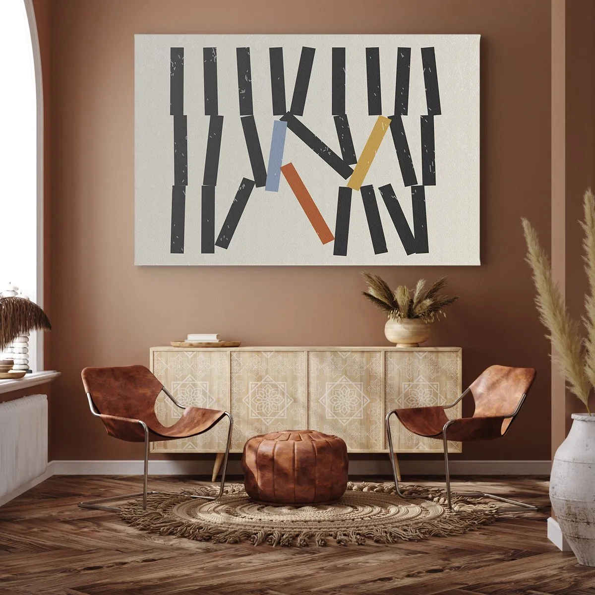 Cuadro sobre lienzo - Impresión de Imagen - Composición abstracta con rectángulos de colores y negros. - 120x80cm - Dominó - composición - Decoración de pared moderna para salón y dormitorio ARTTOR