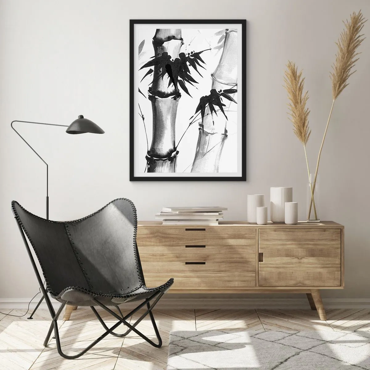Póster en marco negro - Tallos y hojas de bambú en estilo blanco y negro. - 50x70cm - Primer plano de Oriente - Decoración de pared moderna para salón y dormitorio ARTTOR