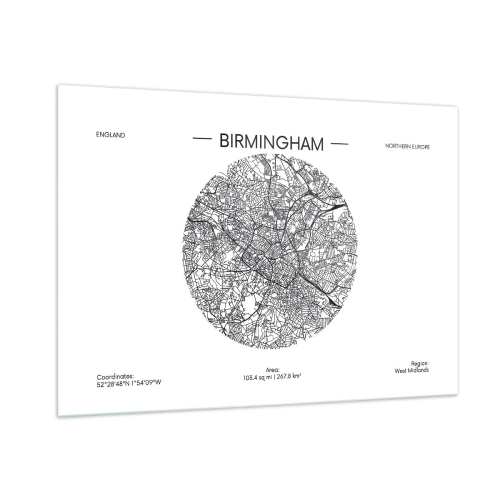 Cuadro sobre vidrio - Impresiones sobre Vidrio - Mapa en blanco y negro de Birmingham en un estilo gráfico moderno - 100x70cm - Anatomía de Birmingham - Decoración de pared moderna para salón y dormitorio ARTTOR