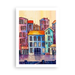 Póster - Casas de vecindad coloridas junto al agua en un estilo pictórico - 50x70cm - Una ciudad como un cuento de hadas - Decoración de pared moderna para salón y dormitorio ARTTOR